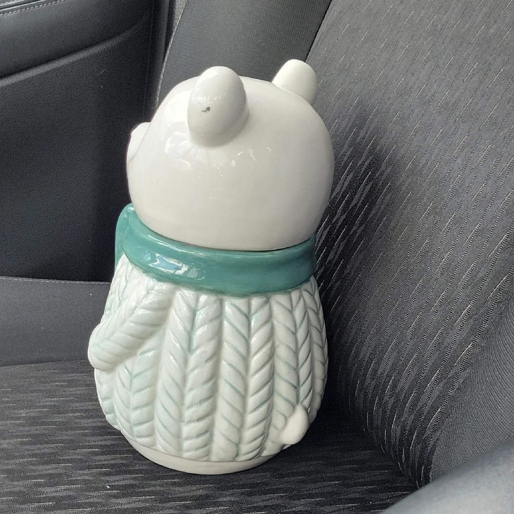 Bear Cookie Jar Ceramic with Teal Scarf